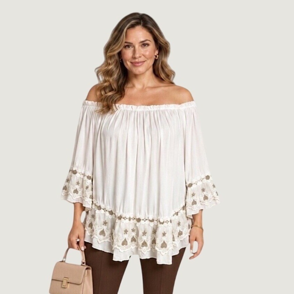 Italy Lace Ruffle Peasant Blouse Women L White Boho Cottagecore Coastal Style